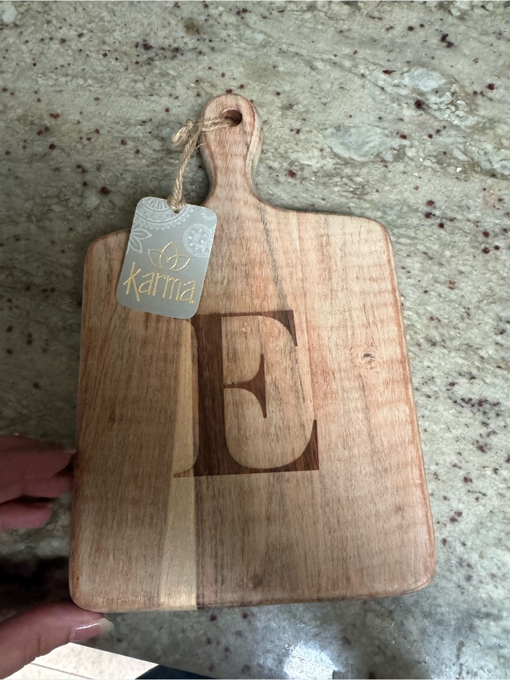 Karma Two-Tone Wood Monogram Cutting Board with “E” engraved